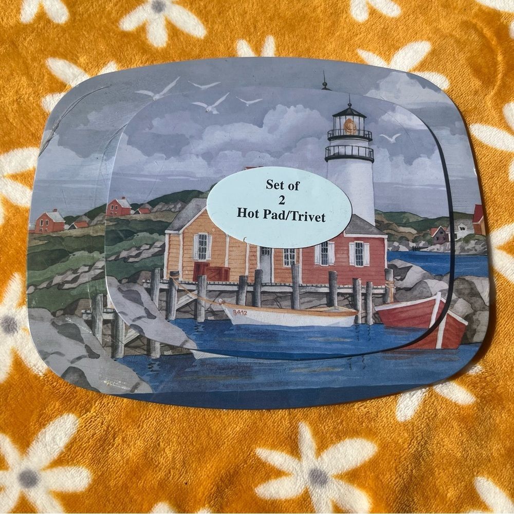 Vintage NEW NIP Set of 2 Hot Pads/Trivets Lighthouse Design Kitchen Decor